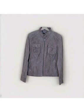 Danier Leather Jacket Blazer Women L Gray Pockets Zip Lined Minimalist Grunge
